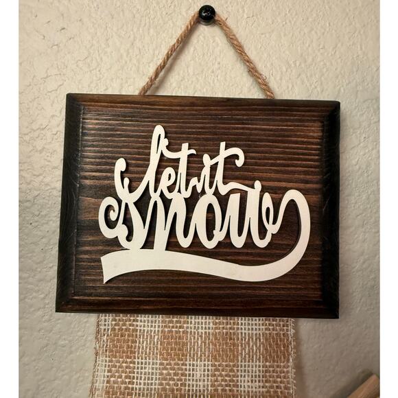 Holiday Card Holder Let it Snow Wooden Topper Brown White Plaid Ribbon - Picture 2 of 5